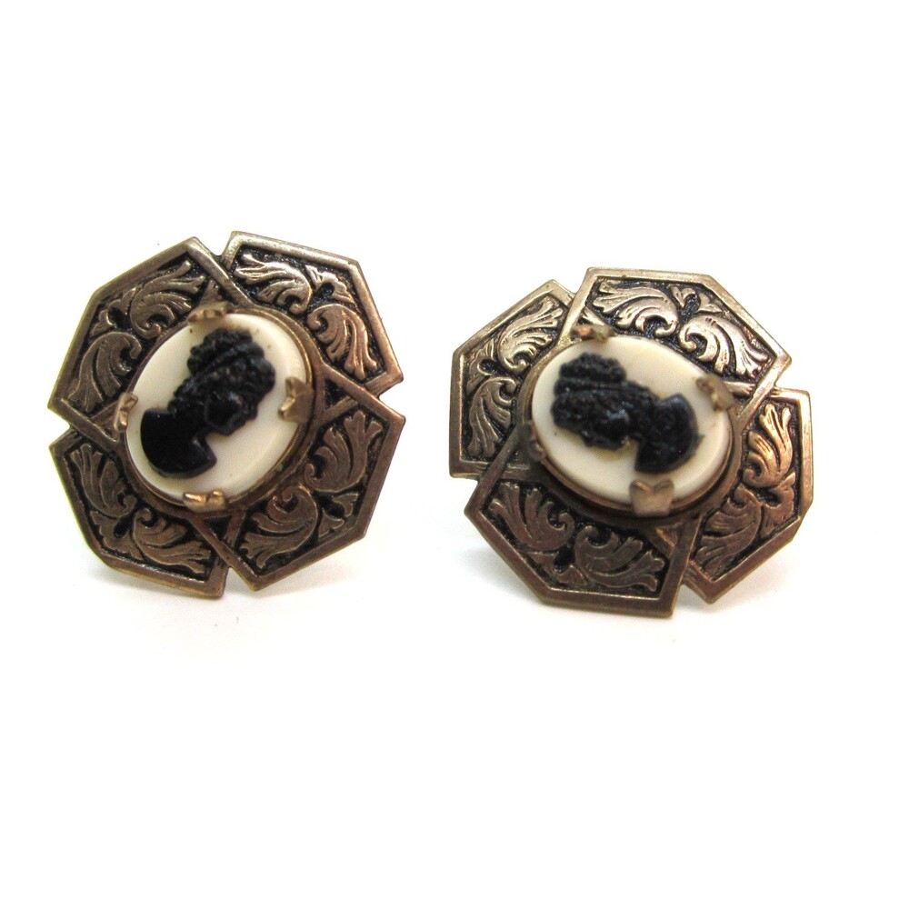 Vintage Damascene Cameo Stud Earrings Victorian Black White Gold Tone Screwback